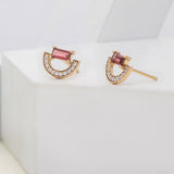 Art Deco Diamond Pink Tourmaline Gemstone Arc Stud Earrings