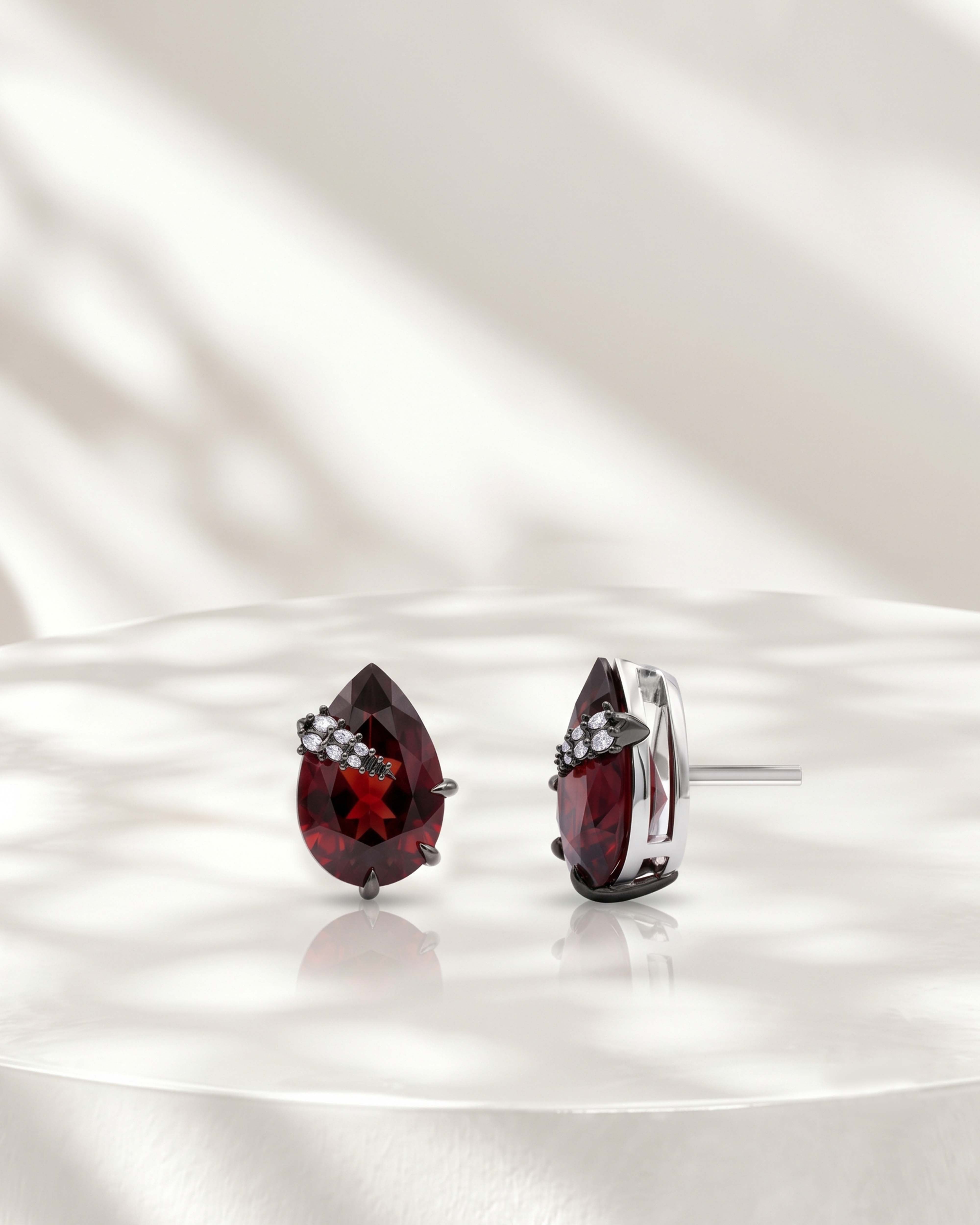 The Crimson Stud — Pear Garnet with Oxidised Silver & CZ