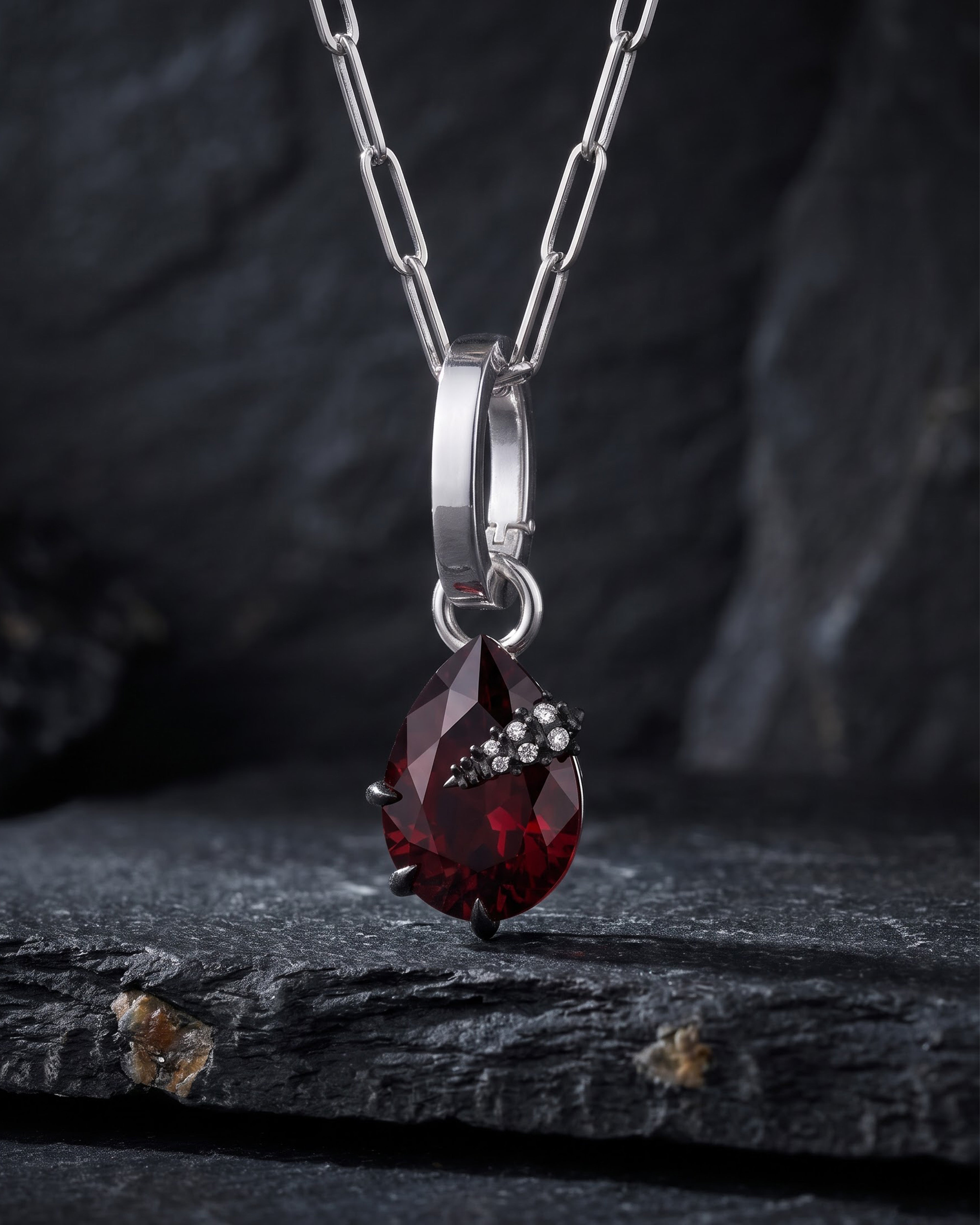 The Aragog Drop Charm — Garnet & Oxidised Silver