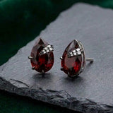 The Crimson Stud — Pear Garnet with Oxidised Silver & CZ