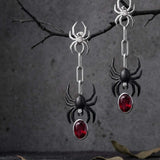 Black Widow Spider Drop Earrings — Garnet & CZ