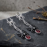 Black Widow Spider Drop Earrings — Garnet & CZ