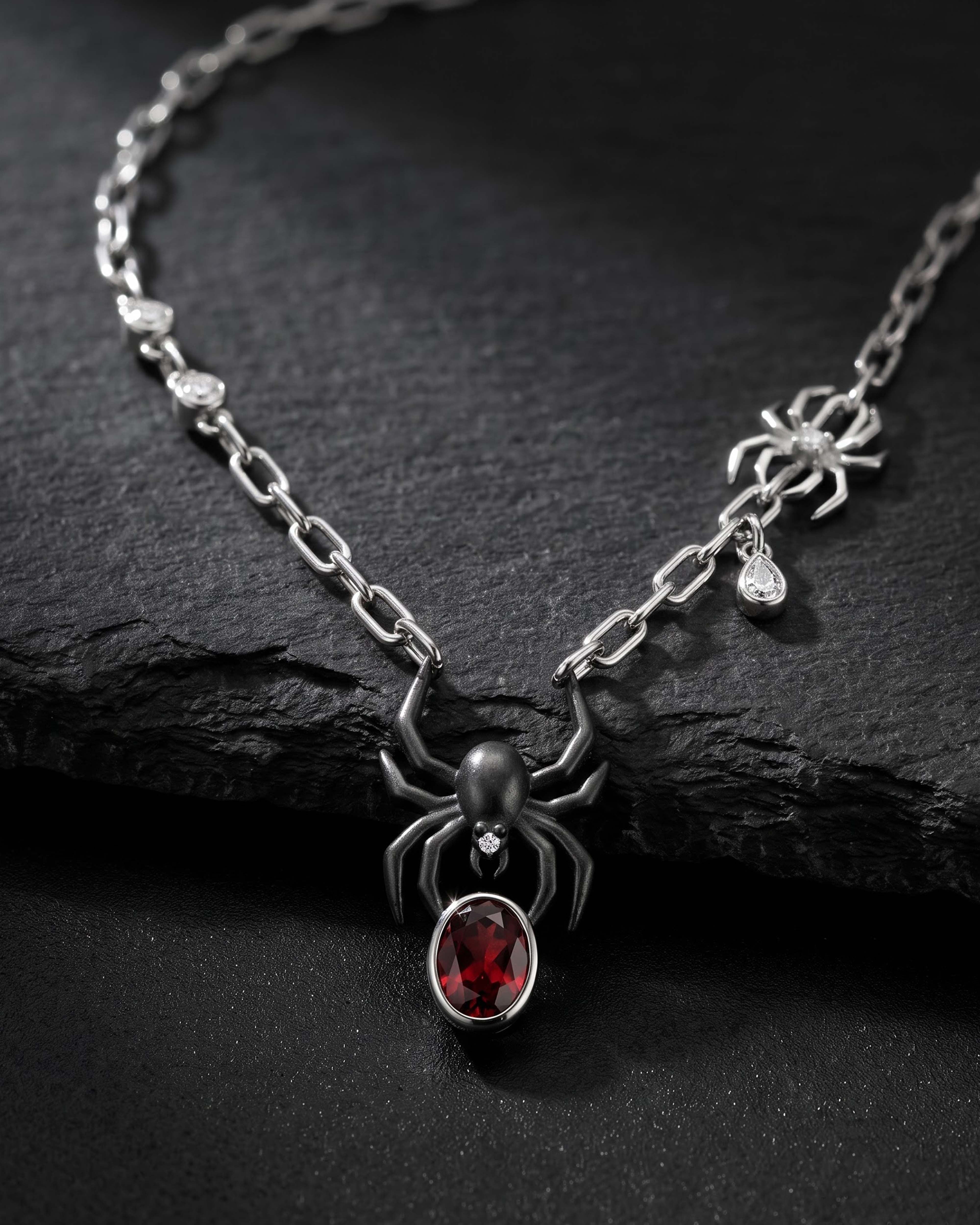 Black Widow Spider Necklace — Garnet & CZ