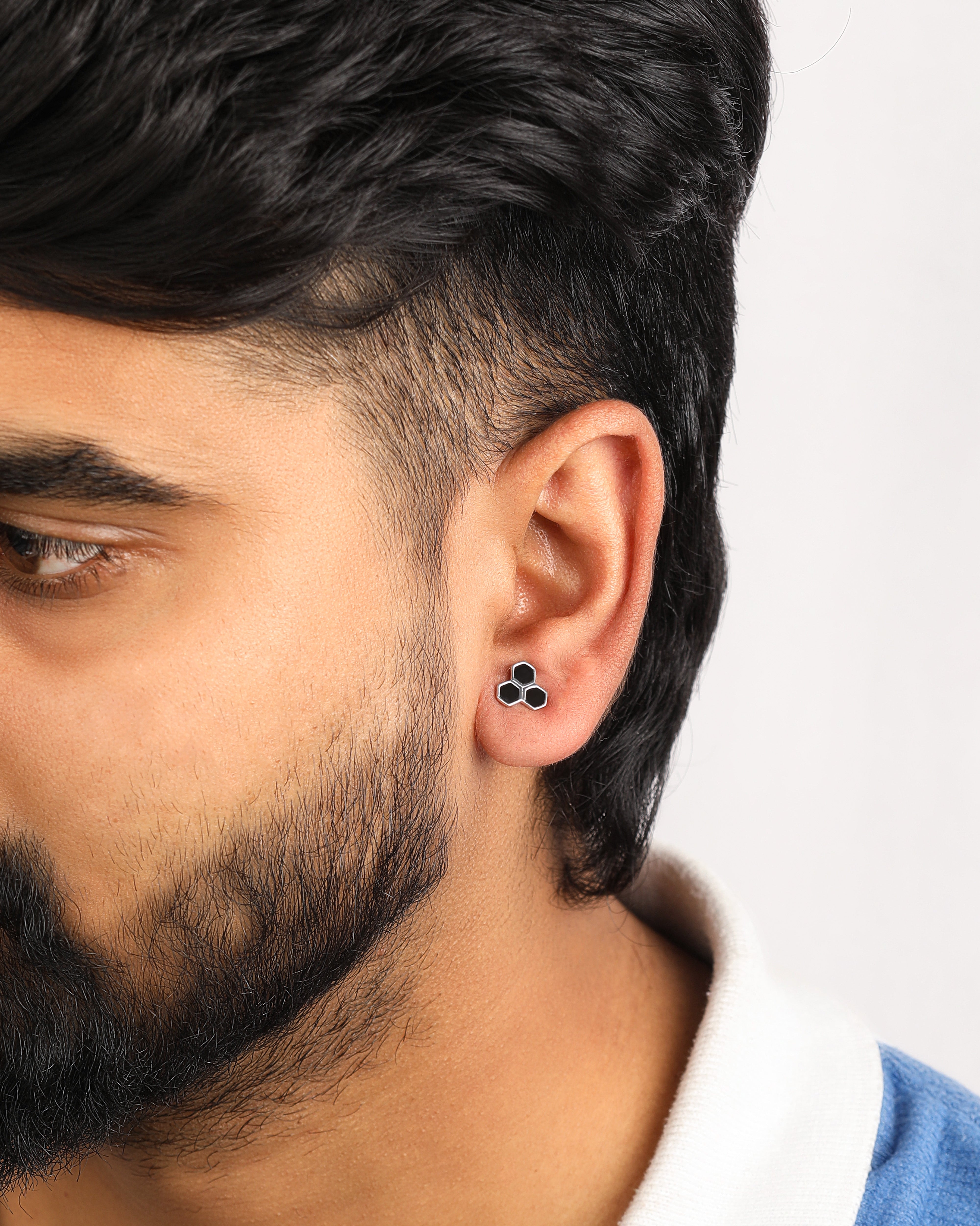 Triple Hexagon Black Enamel Stud Earrings