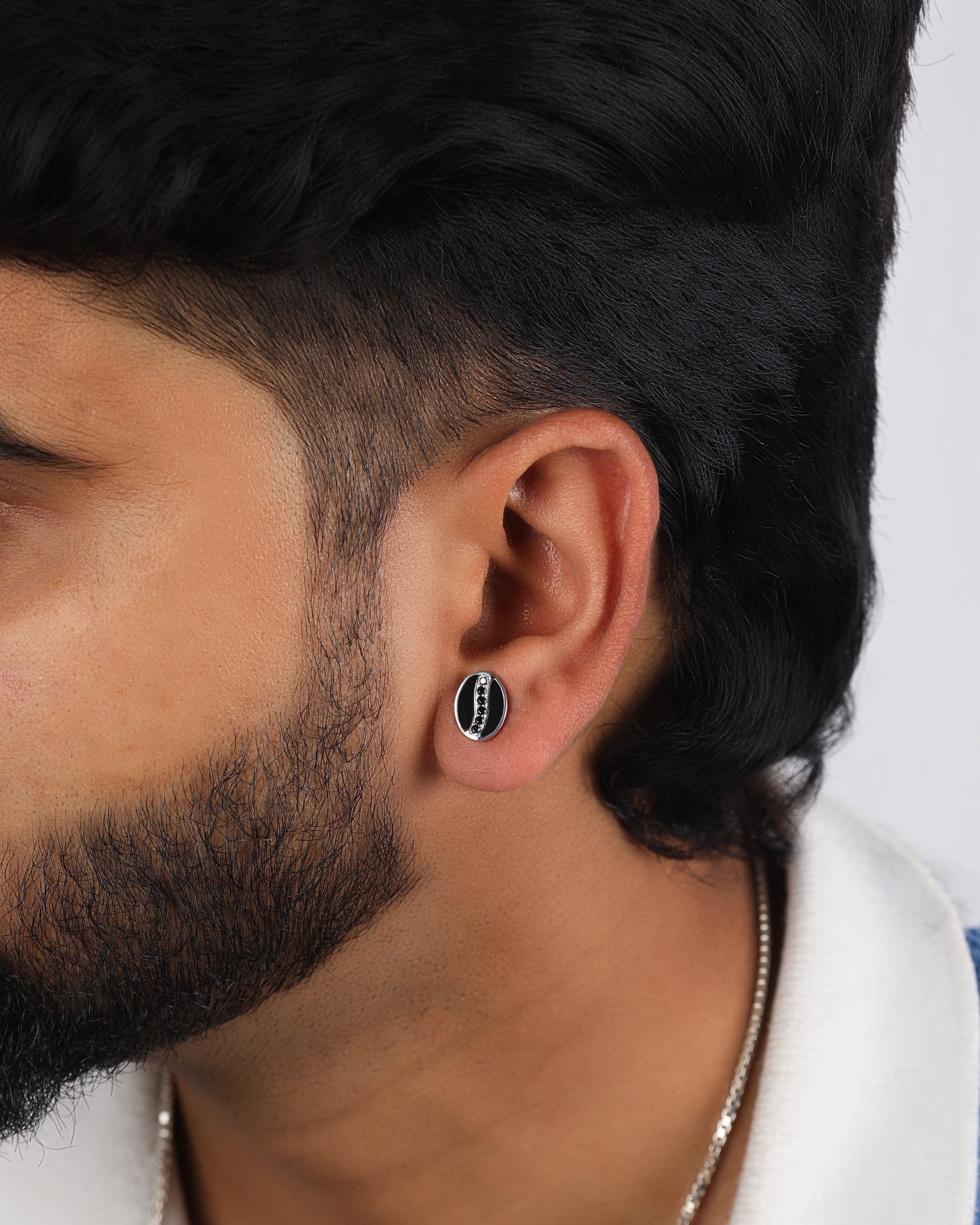 Oval Black Spinel and Enamel Stud Earrings