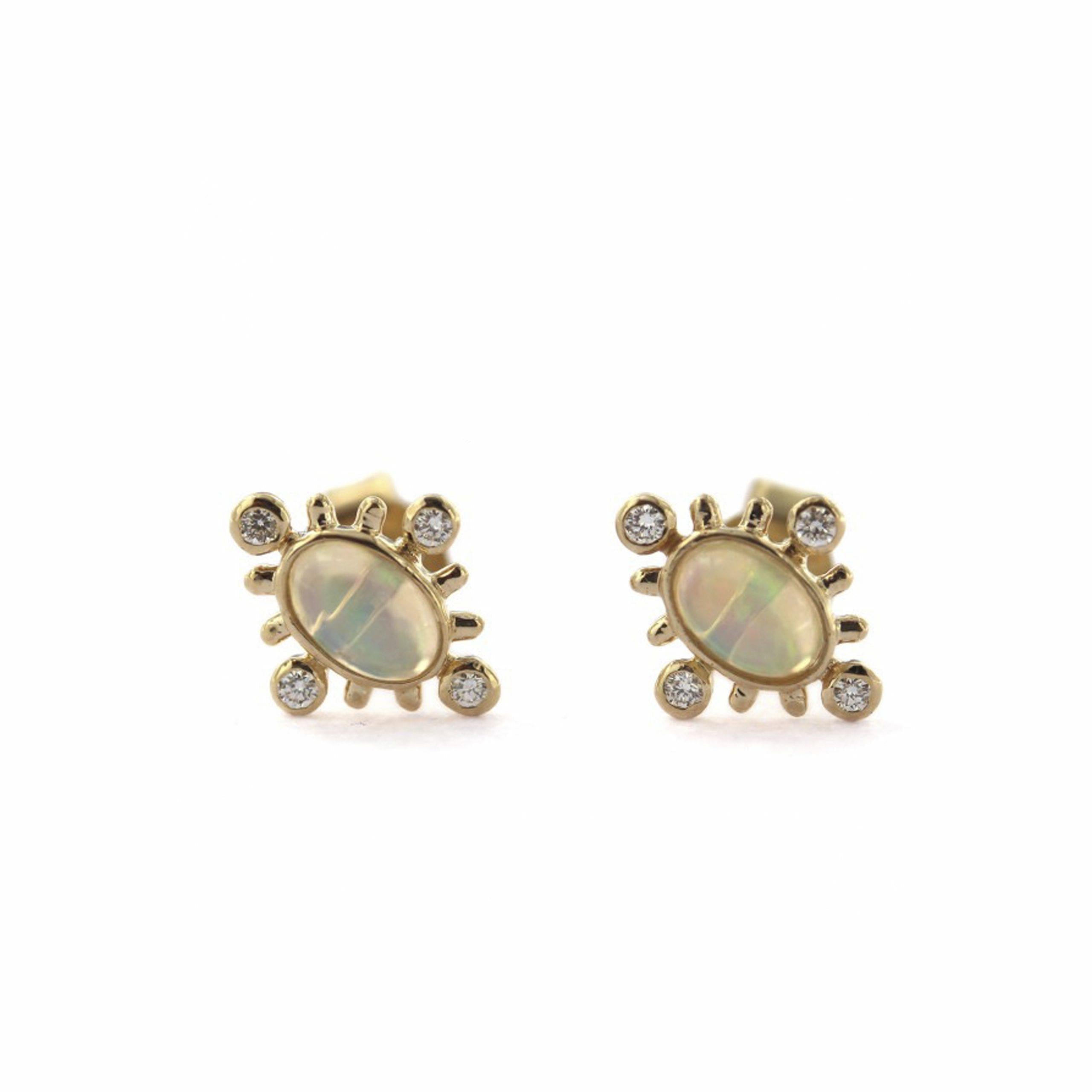 Diamond And Oval Shape Opal Stud Earrings - The Jewelz 