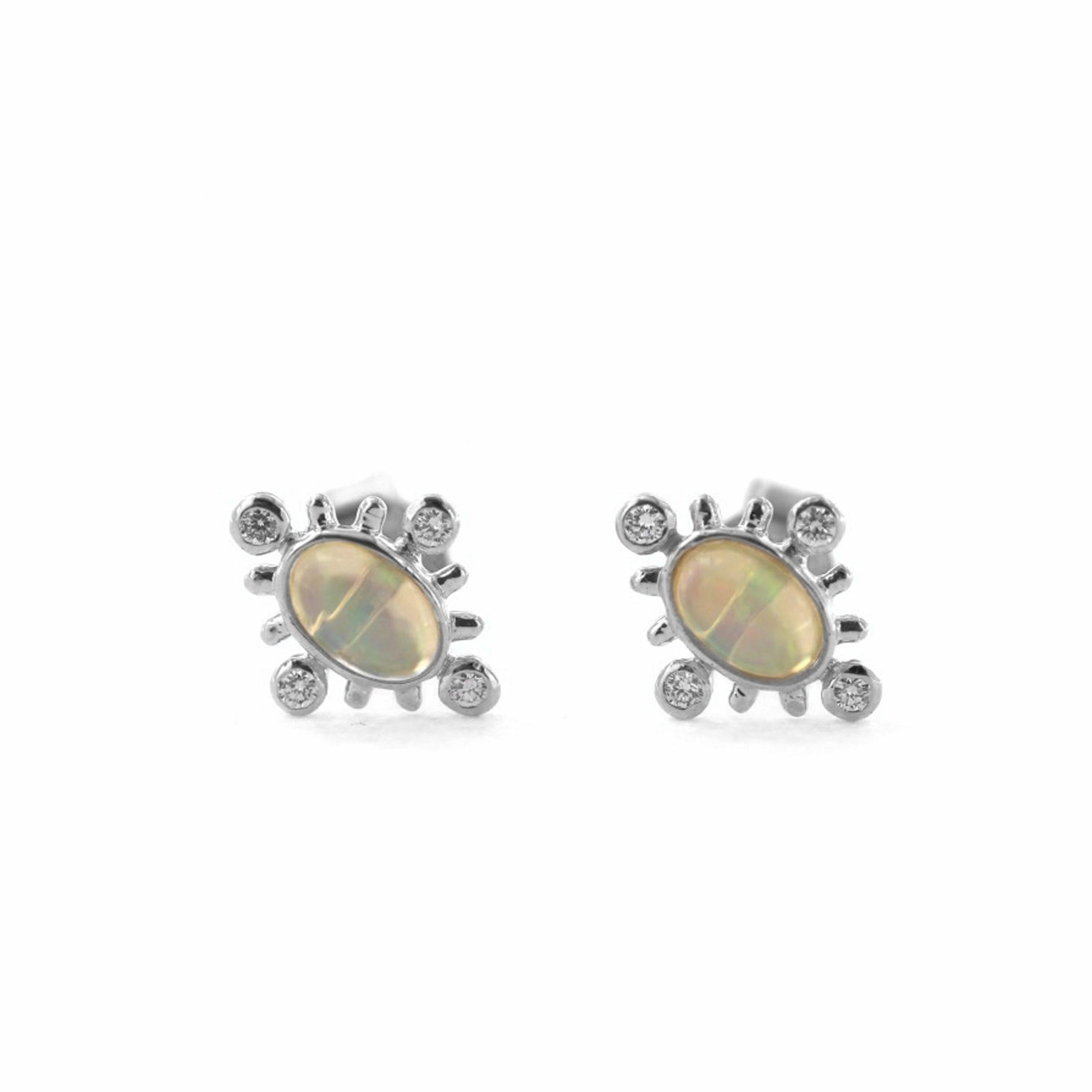 Diamond And Oval Shape Opal Stud Earrings - The Jewelz 