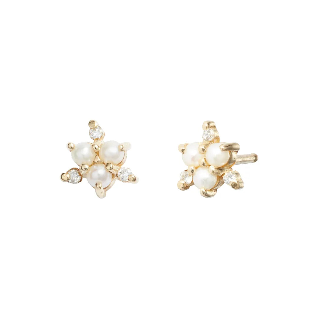 Diamond Pearl Stud Earrings|14k Gold