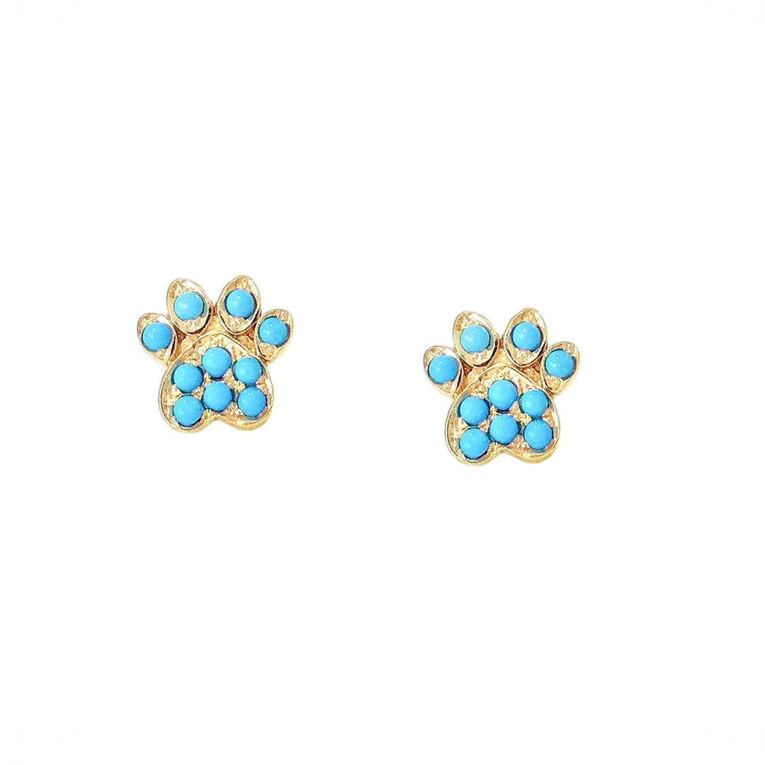 Turquoise Dog Paw Print Studs|14k Gold