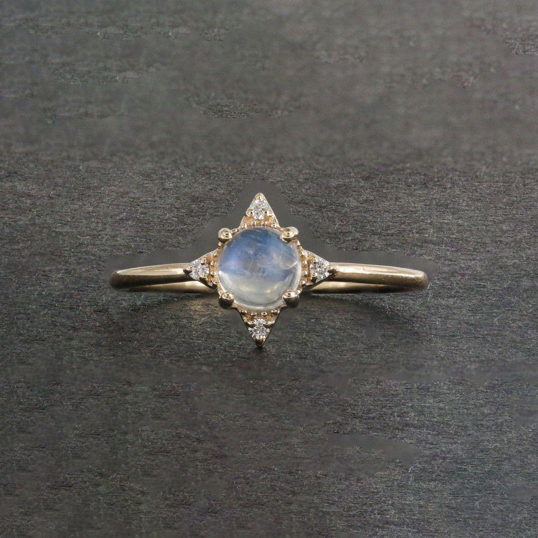 14K Yellow Gold Diamond And Moonstone Anniversary Ring Fine Jewelry Size 7.5 US
