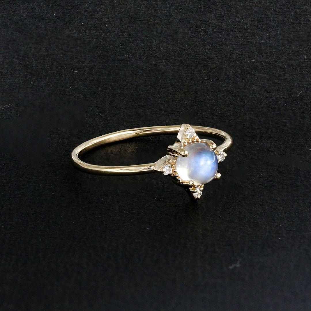 14K Yellow Gold Diamond And Moonstone Anniversary Ring Fine Jewelry Size 7.5 US