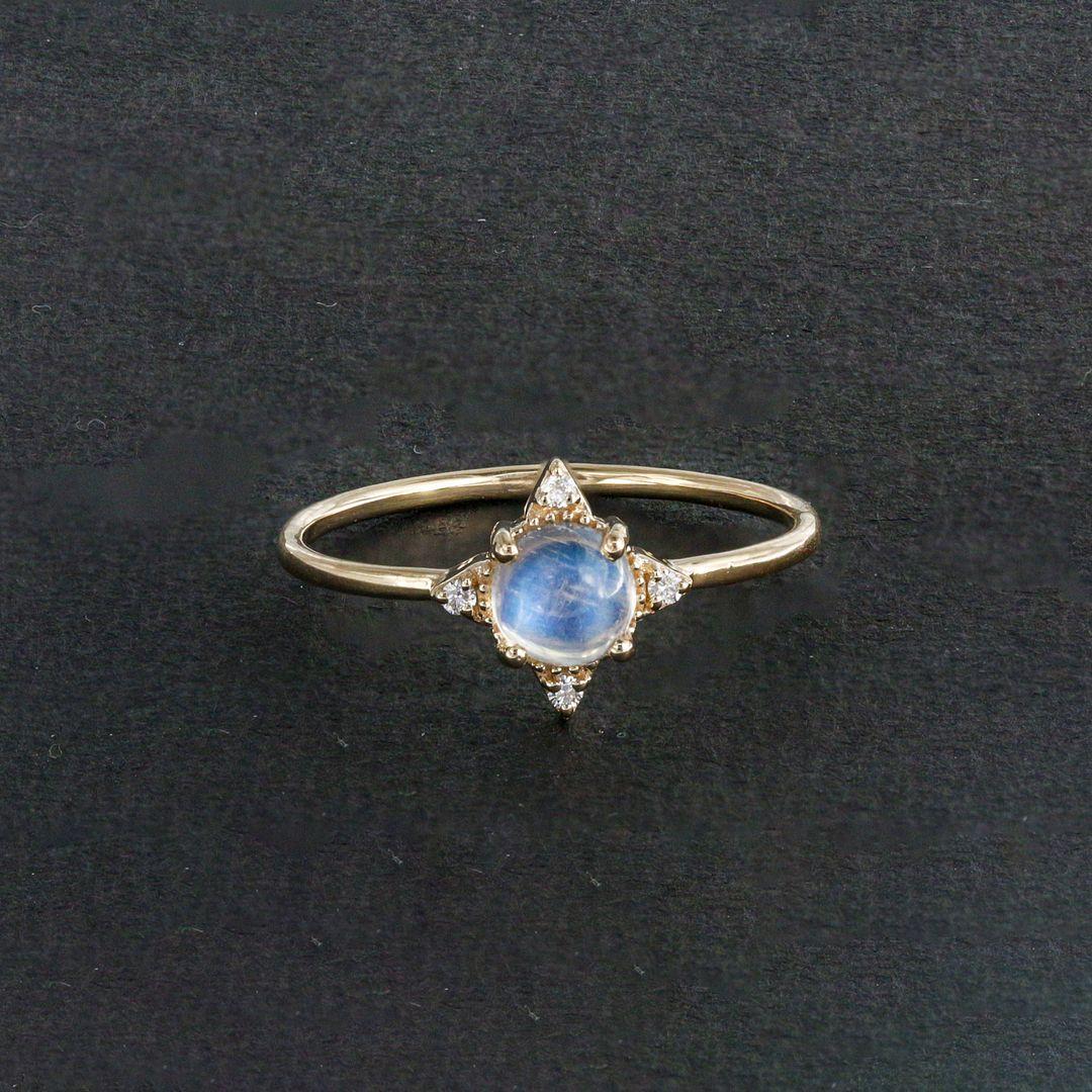 14K Yellow Gold Diamond And Moonstone Anniversary Ring Fine Jewelry Size 7.5 US