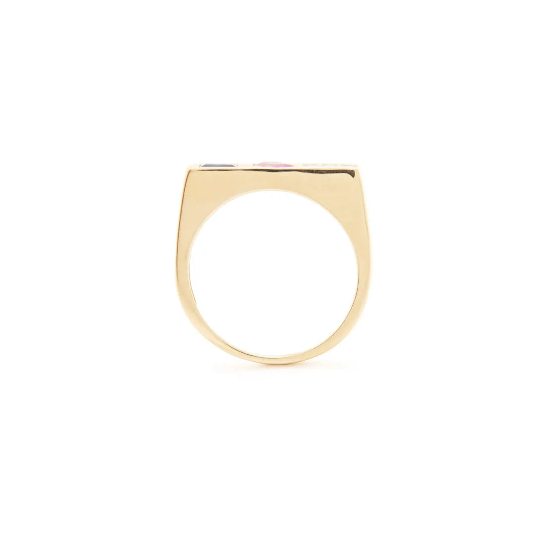 Horizontal Signet Ring|Diamond, Pink n Blue Sapphire