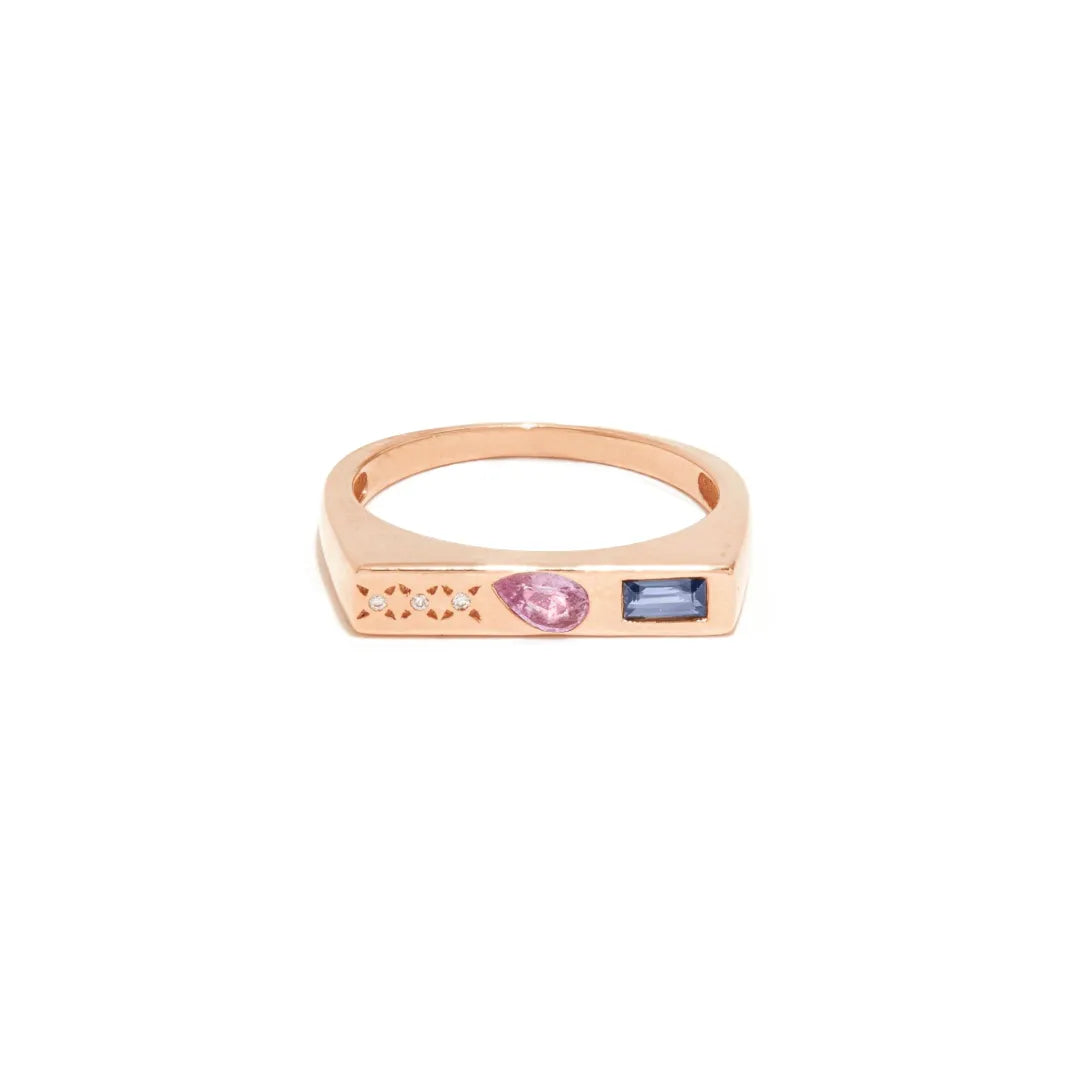 Horizontal Signet Ring|Diamond, Pink n Blue Sapphire