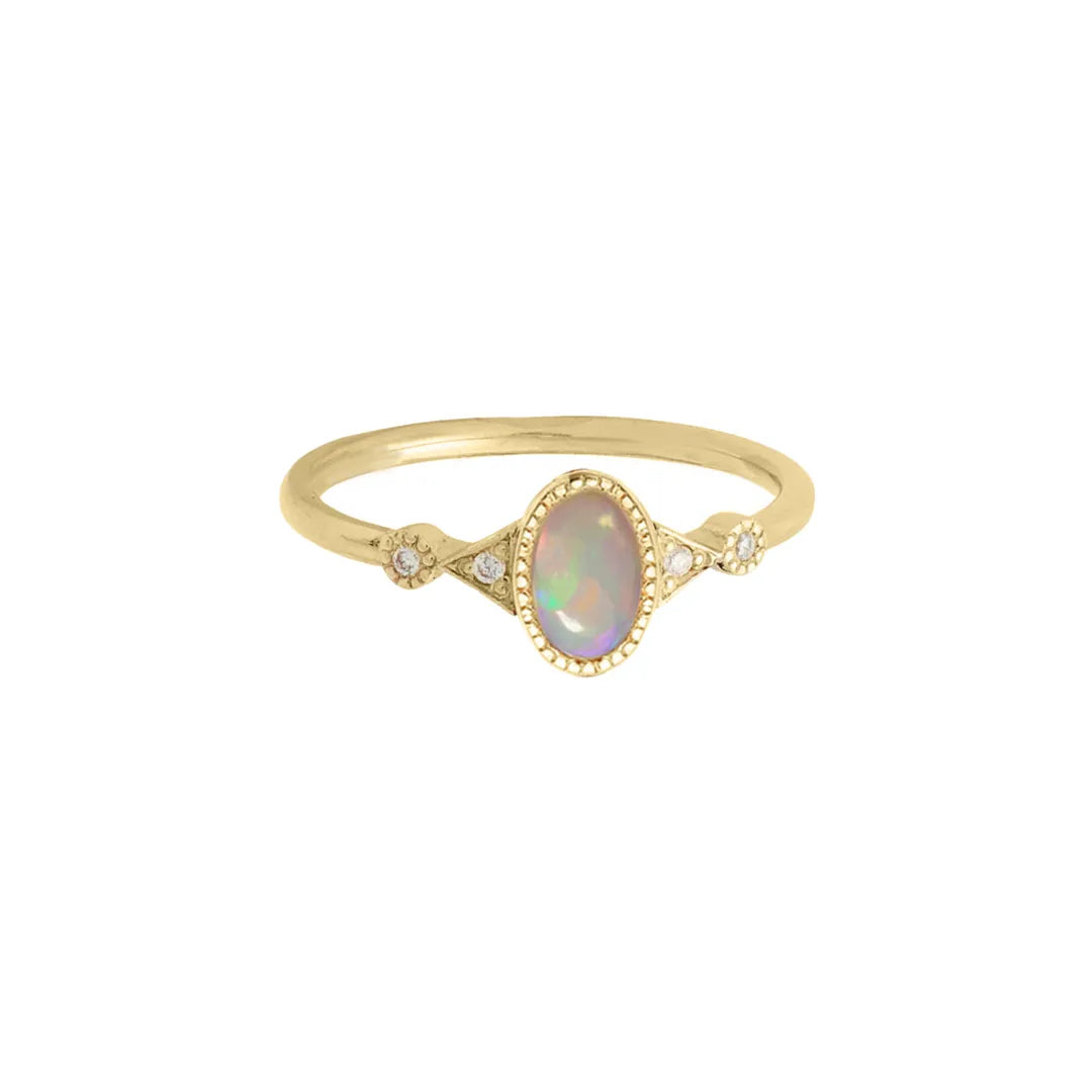 White Opal Ring|14k Gold, Diamond