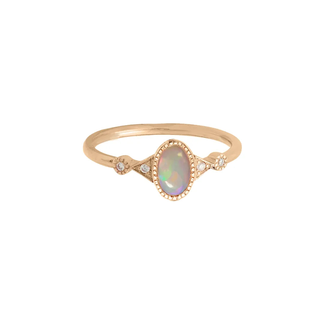 White Opal Ring|14k Gold, Diamond