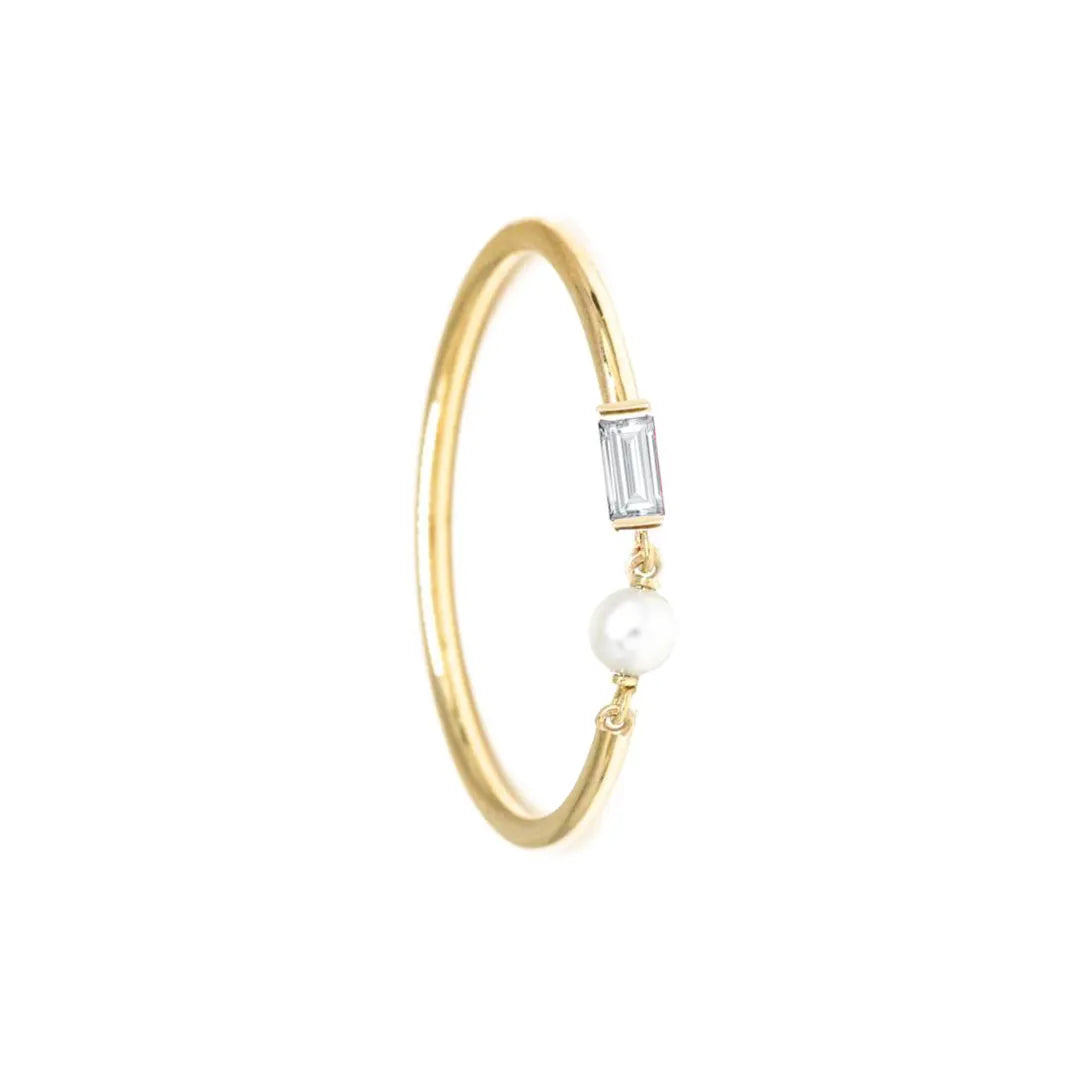 Freshwater Pearl Diamond Baguette Ring|14k Gold