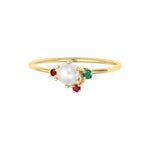 Freshwater Pearl Gemstone Cluster Ring|14k Gold, Ruby, Emerald