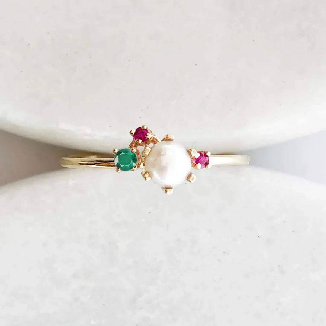 Freshwater Pearl Gemstone Cluster Ring|14k Gold, Ruby, Emerald